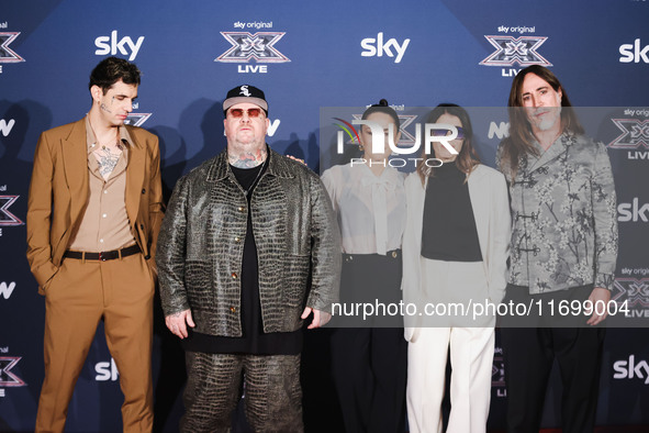 Achille Lauro, Jake La Furia, Paola Iezzi, Giorgia, and Manuel Agnelli attend the photocall for the press conference of X Factor at Teatro R...