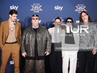 Achille Lauro, Jake La Furia, Paola Iezzi, Giorgia, and Manuel Agnelli attend the photocall for the press conference of X Factor at Teatro R...