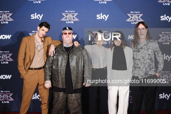 Achille Lauro, Jake La Furia, Paola Iezzi, Giorgia, and Manuel Agnelli attend the photocall for the press conference of X Factor at Teatro R...