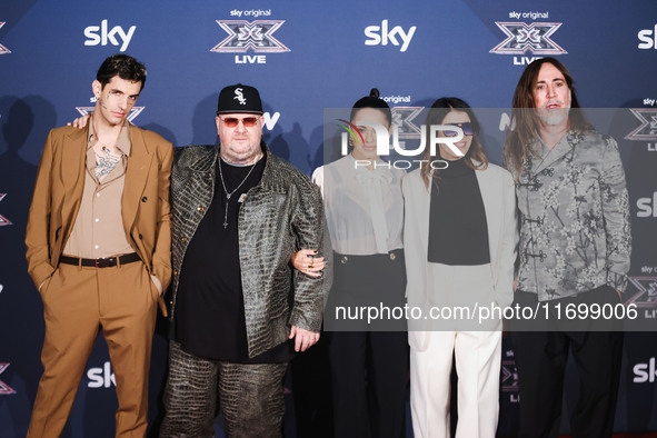 Achille Lauro, Jake La Furia, Paola Iezzi, Giorgia, and Manuel Agnelli attend the photocall for the press conference of X Factor at Teatro R...