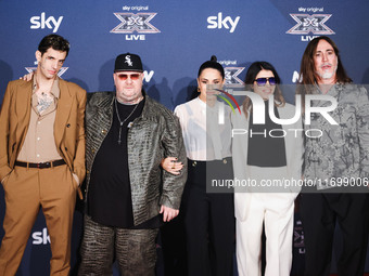 Achille Lauro, Jake La Furia, Paola Iezzi, Giorgia, and Manuel Agnelli attend the photocall for the press conference of X Factor at Teatro R...