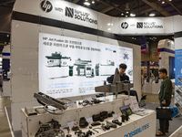 HP and NPLUS+ Solutions showcase their cutting-edge 3D printing technology, HP Jet Fusion, at 'RobotWorld 2024' in KINTEX, Goyang, South Kor...