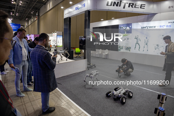 At the 'RobotWorld 2024' exhibition in KINTEX, Goyang, South Korea, on October 11, 2024, UNITREE showcases its high-performance quadruped ro...