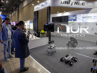 At the 'RobotWorld 2024' exhibition in KINTEX, Goyang, South Korea, on October 11, 2024, UNITREE showcases its high-performance quadruped ro...