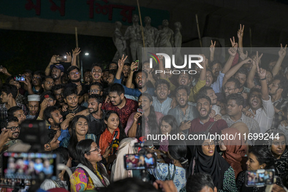 Dhaka University students hold a celebratory procession following the ban on Chhatra League as a terrorist organization in the Dhaka Univers...