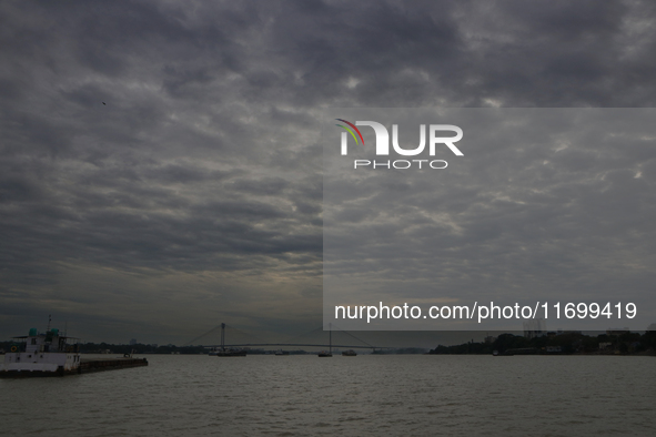 Dark clouds loom over the sky due to Cyclone Dana in India on October 23, 2024. The IMD predicts on Wednesday that the storm brings heavy ra...