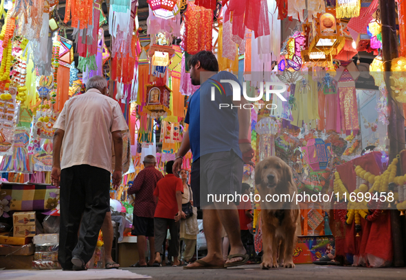 People with a pet dog shop for lanterns at a market ahead of the Hindu festival of Diwali in Mumbai, India, on October 23, 2024. 