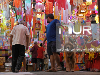 People with a pet dog shop for lanterns at a market ahead of the Hindu festival of Diwali in Mumbai, India, on October 23, 2024. (