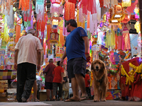 People with a pet dog shop for lanterns at a market ahead of the Hindu festival of Diwali in Mumbai, India, on October 23, 2024. (