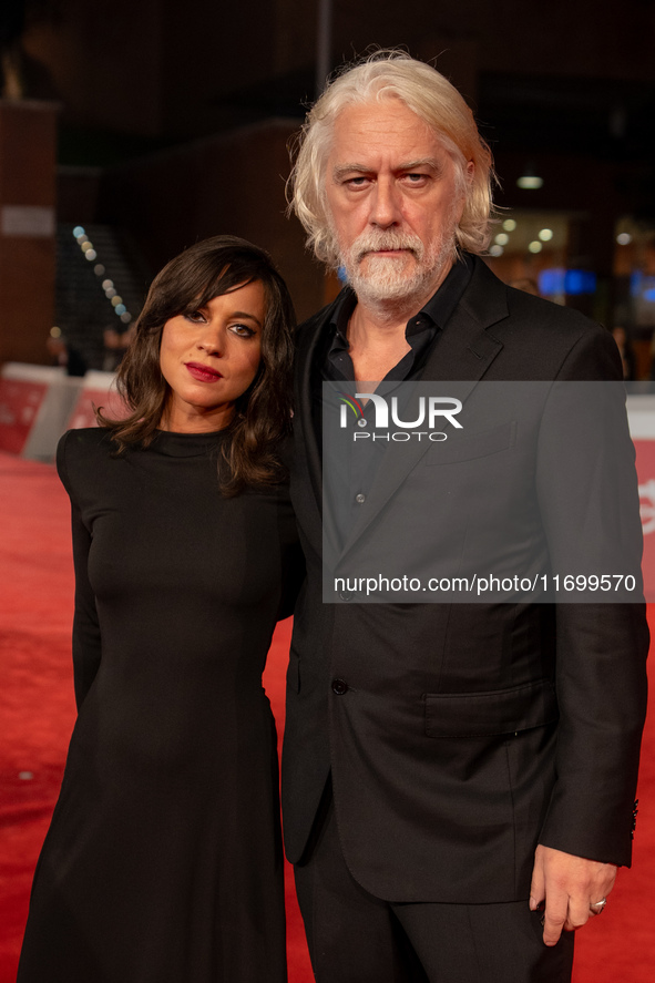 Tommaso Ragno and Lucia Re attend the ''L'Isola Degli Idealisti'' red carpet during the 19th Rome Film Festival at Auditorium Parco Della Mu...