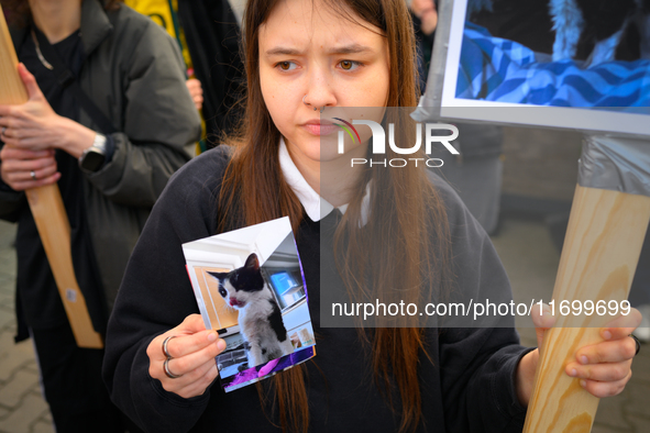 Protesters are seen outside city hall rallying against conditions in cat shelters in Warsaw, Poland on 23 October, 2024. Deaths of cats put...