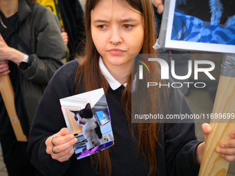 Protesters are seen outside city hall rallying against conditions in cat shelters in Warsaw, Poland on 23 October, 2024. Deaths of cats put...