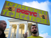 Protesters are seen outside city hall rallying against conditions in cat shelters in Warsaw, Poland on 23 October, 2024. Deaths of cats put...