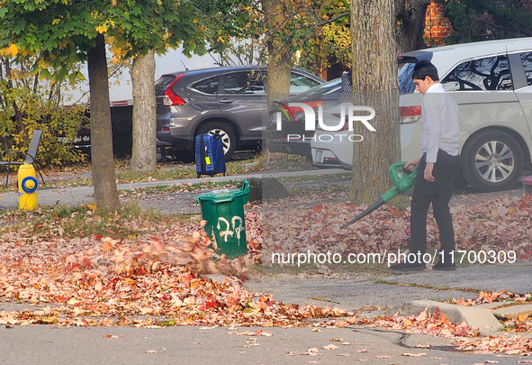 A boy uses a leaf blower to clear fallen leaves during the autumn season in Toronto, Ontario, Canada, on October 22, 2024. 