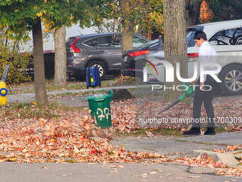 A boy uses a leaf blower to clear fallen leaves during the autumn season in Toronto, Ontario, Canada, on October 22, 2024. (