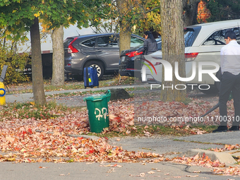 A boy uses a leaf blower to clear fallen leaves during the autumn season in Toronto, Ontario, Canada, on October 22, 2024. (