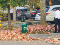 A boy uses a leaf blower to clear fallen leaves during the autumn season in Toronto, Ontario, Canada, on October 22, 2024. (