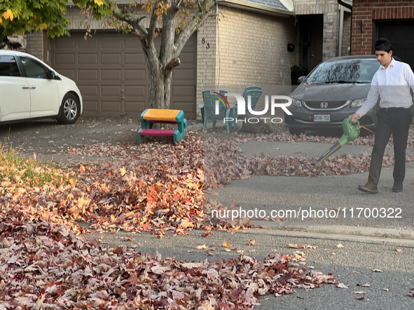 A boy uses a leaf blower to clear fallen leaves during the autumn season in Toronto, Ontario, Canada, on October 22, 2024. 