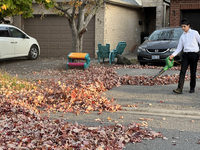 A boy uses a leaf blower to clear fallen leaves during the autumn season in Toronto, Ontario, Canada, on October 22, 2024. (