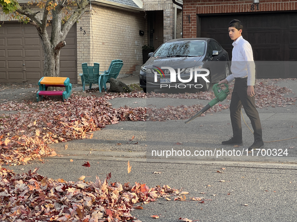 A boy uses a leaf blower to clear fallen leaves during the autumn season in Toronto, Ontario, Canada, on October 22, 2024. 