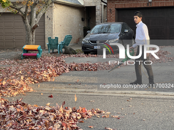 A boy uses a leaf blower to clear fallen leaves during the autumn season in Toronto, Ontario, Canada, on October 22, 2024. (