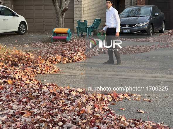 A boy uses a leaf blower to clear fallen leaves during the autumn season in Toronto, Ontario, Canada, on October 22, 2024. 