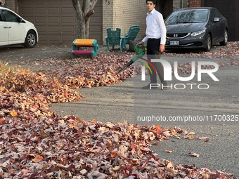 A boy uses a leaf blower to clear fallen leaves during the autumn season in Toronto, Ontario, Canada, on October 22, 2024. (