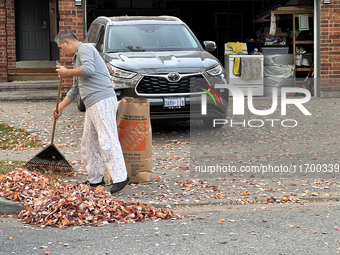 A man rakes leaves during the autumn season in Toronto, Ontario, Canada, on October 22, 2024. (