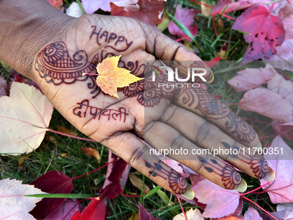 A woman holds a small colorful maple leaf in her hand during the autumn season in Toronto, Ontario, Canada, on October 22, 2024. 