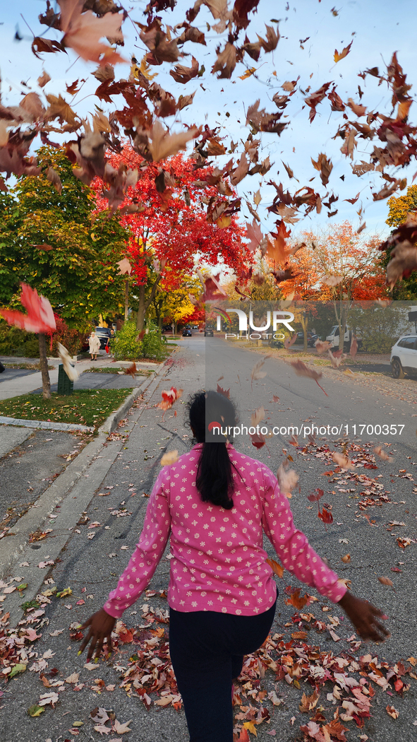 A woman plays with the colorful leaves during the autumn season in Toronto, Ontario, Canada, on October 22, 2024. 