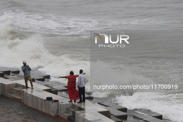 Waves overflow onto a damaged sea front before Cyclone Dana in Digha, West Bengal, on October 24, 2024. Cyclonic storm Dana currently barrel...