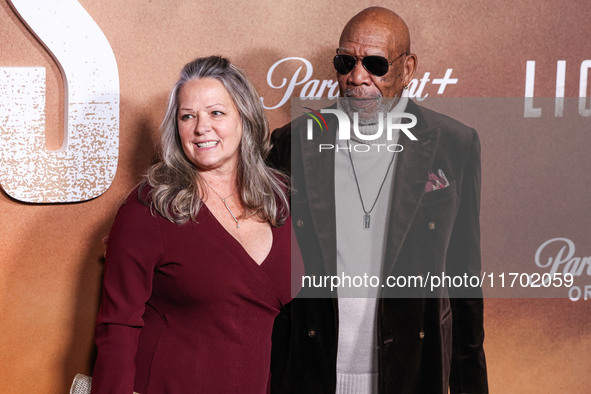 Lori McCreary and Morgan Freeman arrive at the Los Angeles Premiere Of Paramount+'s Original Series 'Lioness' Season 2 held at the Academy o...