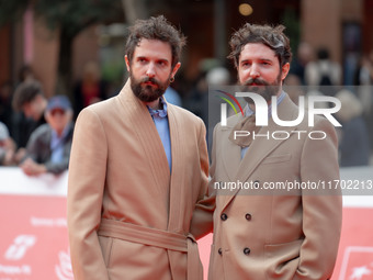 Fabio D'Innocenzo and Damiano D'Innocenzo attend the Fabio And Damiano D'Innocenzo red carpet during the 19th Rome Film Festival at Auditori...