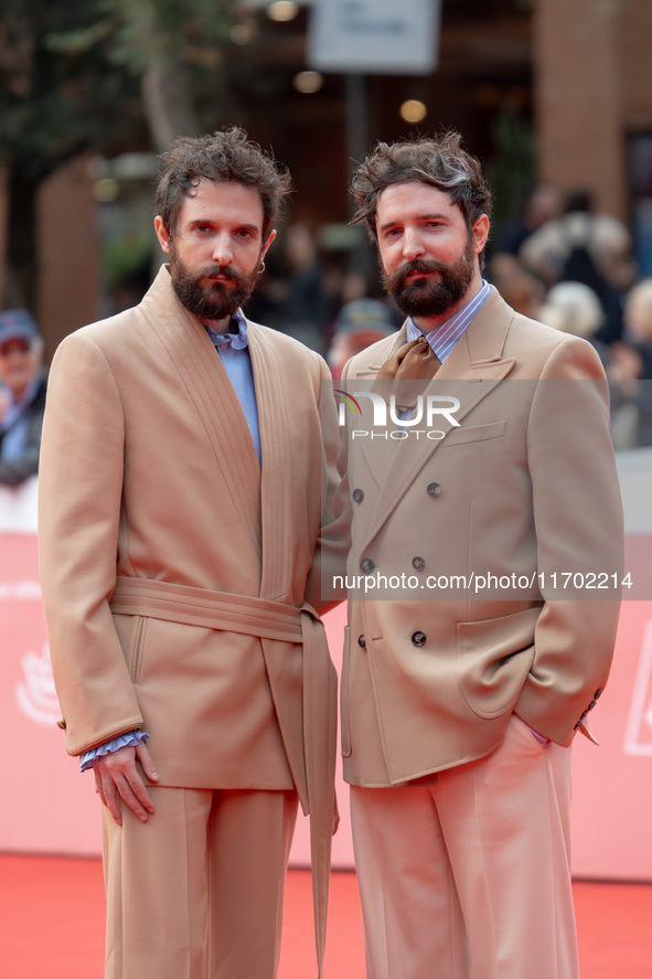 Fabio D'Innocenzo and Damiano D'Innocenzo attend the Fabio And Damiano D'Innocenzo red carpet during the 19th Rome Film Festival at Auditori...