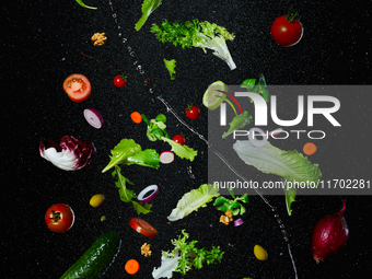 Creative food photography: Fresh salad ingredients suspend in mid-air against a dark background. The composition features lettuce leaves, ch...