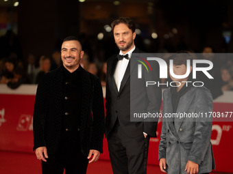 Francesco Di Leva, Giuseppe Miale Di Mauro, and Mario Di Leva attend the ''Nottefonda'' red carpet during the 19th Rome Film Festival at Aud...