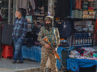 An Indian security personnel stands guard along a road in Srinagar, Jammu and Kashmir, on October 25, 2024. Security is increased across Kas...