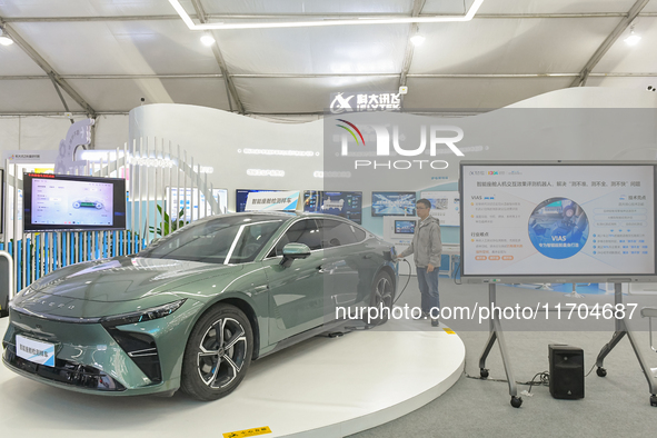 A Chinese new energy vehicle with an intelligent cabin is pictured at the 7th World Sound Expo and the 2024 IFlytek Global 1024 Developer Fe...