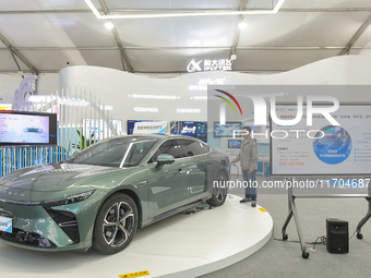 A Chinese new energy vehicle with an intelligent cabin is pictured at the 7th World Sound Expo and the 2024 IFlytek Global 1024 Developer Fe...