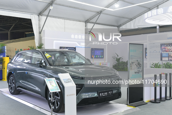 A Chinese new energy vehicle with an intelligent cabin is pictured at the 7th World Sound Expo and the 2024 IFlytek Global 1024 Developer Fe...