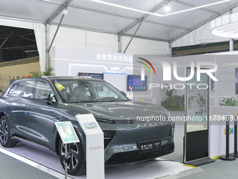 A Chinese new energy vehicle with an intelligent cabin is pictured at the 7th World Sound Expo and the 2024 IFlytek Global 1024 Developer Fe...