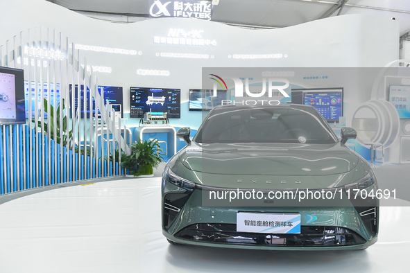 A Chinese new energy vehicle with an intelligent cabin is pictured at the 7th World Sound Expo and the 2024 IFlytek Global 1024 Developer Fe...