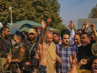 Member of Parliament Sheikh Abdul Rashid, also known as Engineer Rashid, (C) shouts slogans during a protest in Srinagar, Jammu and Kashmir,...