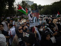 A protester holds a placard during a rally in solidarity with the Palestinian people outside the US embassy in Jakarta, Indonesia, on Octobe...