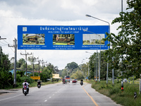 A sign welcomes motorists to Narathiwat province. Daily life occurs in Tak Bai, Narathiwat, Thailand, on October 25, 2024. Tak Bai is the si...