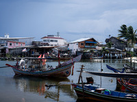 Longtail fishing boats park near the fisherman's village area of Narathiwat. Daily life in Tak Bai, Narathiwat, Thailand, on October 25, 202...