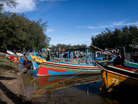 Longtail fishing boats park near the fisherman's village area of Narathiwat. Daily life in Tak Bai, Narathiwat, Thailand, on October 25, 202...