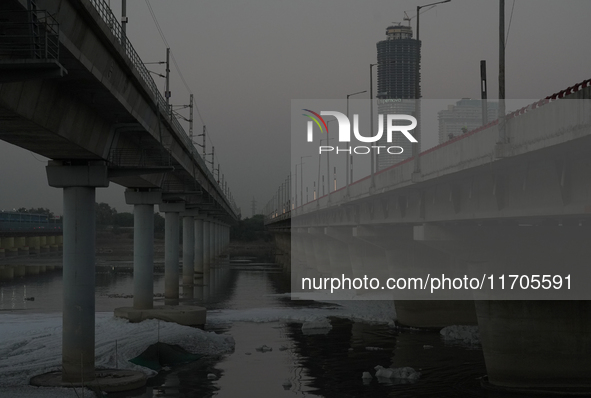 Toxic frothing is seen in the Yamuna River at Kalindi Kunj in New Delhi, India, on October 25, 2024. 