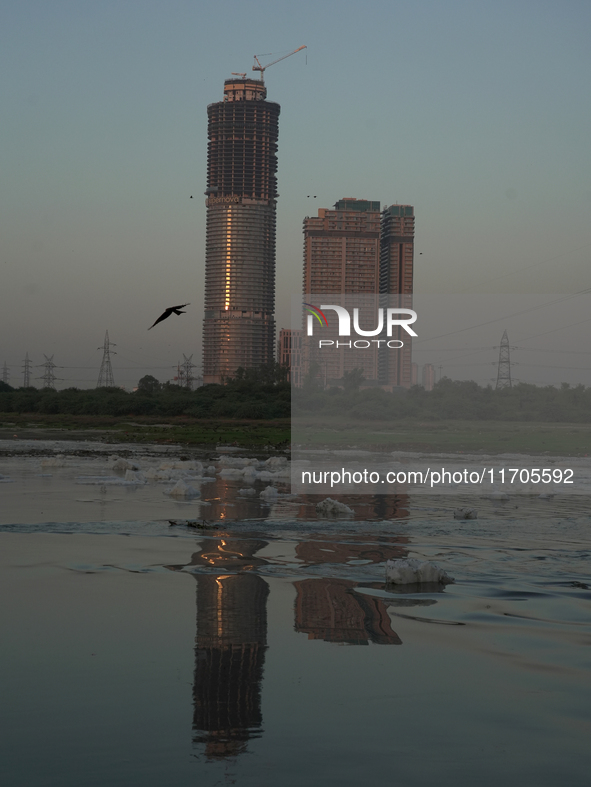 Toxic frothing is seen in the Yamuna River at Kalindi Kunj in New Delhi, India, on October 25, 2024. 