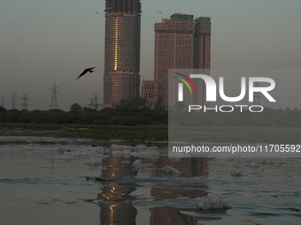 Toxic frothing is seen in the Yamuna River at Kalindi Kunj in New Delhi, India, on October 25, 2024. (